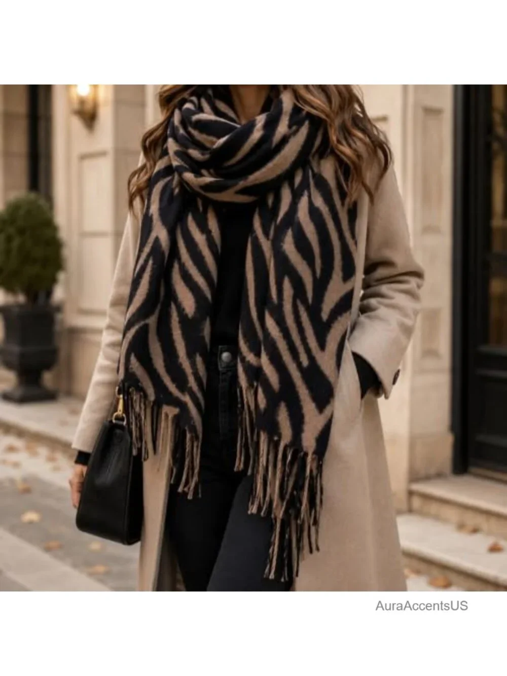 Oversized Zebra Stripe Scarf Shawl Wrap with Tassels - Soft Warm Winter